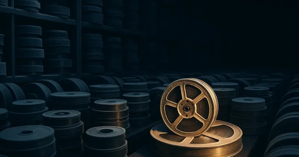 A cold archive of dormant film reels in blue shadow, one golden reel pulled into a shaft of warm light