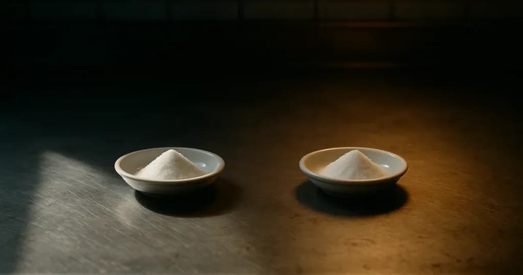 Two identical small white dishes of the same white crystalline powder side by side on a stainless-steel restaurant counter, one lit by cool interrogating light, the other by ordinary warm light.