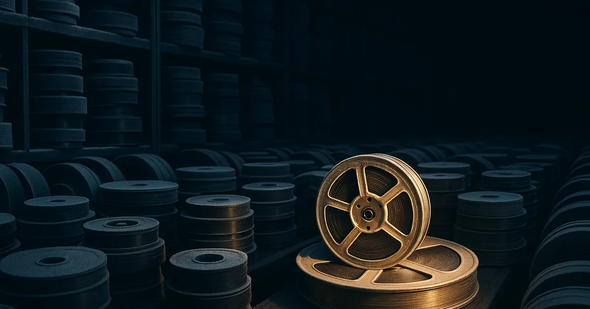 A cold archive of dormant film reels in blue shadow, one golden reel pulled into a shaft of warm light