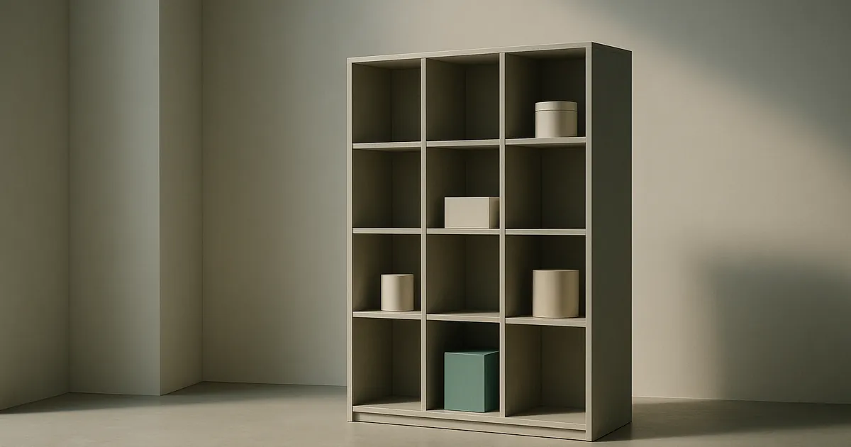 A single freestanding modular shelving unit photographed as a quiet still-life in a minimalist space: clean rectangular compartments in a grid, some holding plain unbranded geometric forms and others deliberately empty, lit by dramatic directional light. A visual metaphor for fixed shelf positions holding rotating inventory.