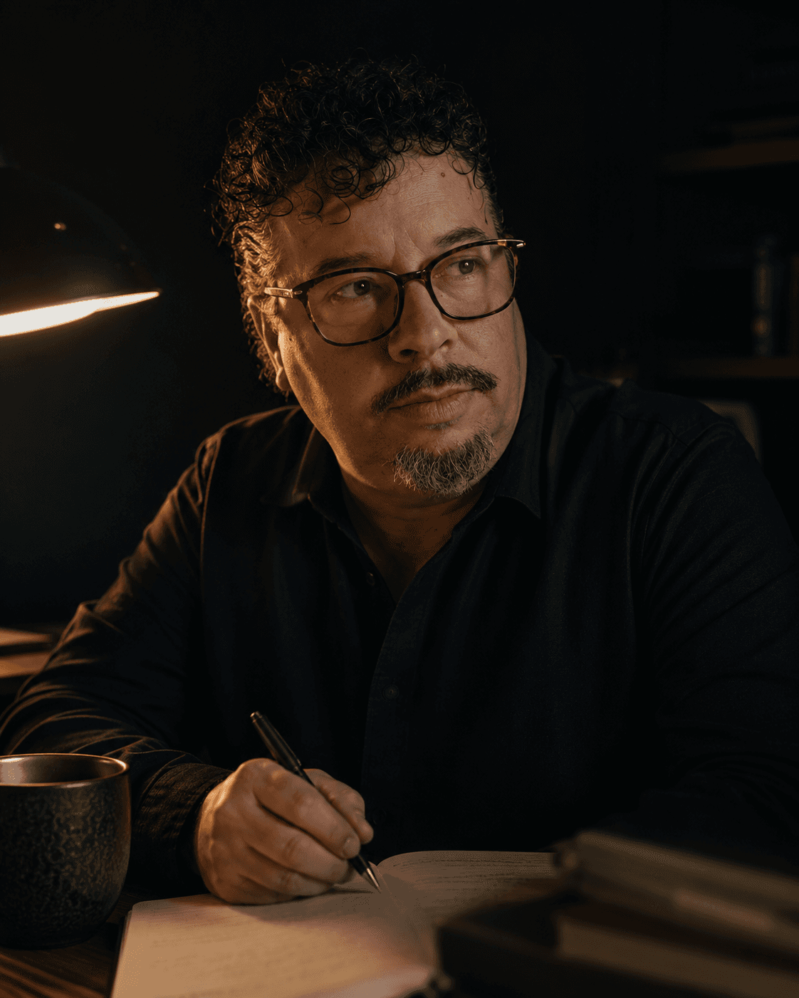 Felipe Lujan-Bear, founder of LiquidBook, writing at his desk