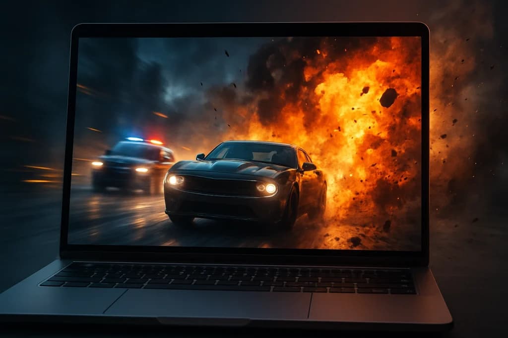 Laptop screen showing a Hollywood action scene being generated.