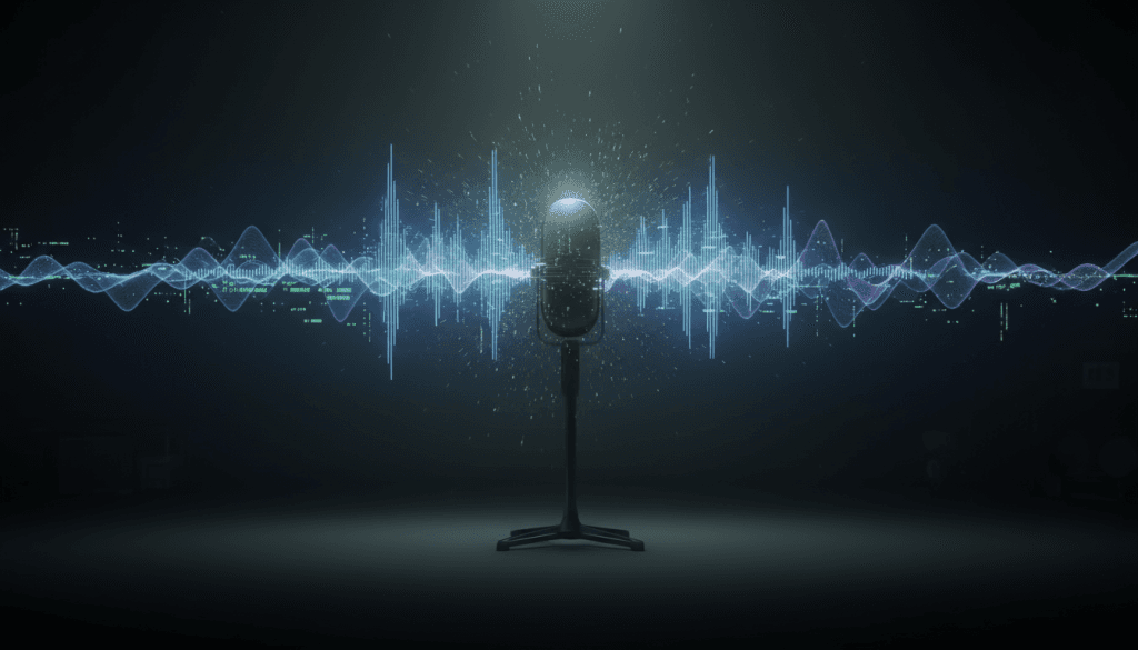 Empty microphone glowing with digital waveforms in the air