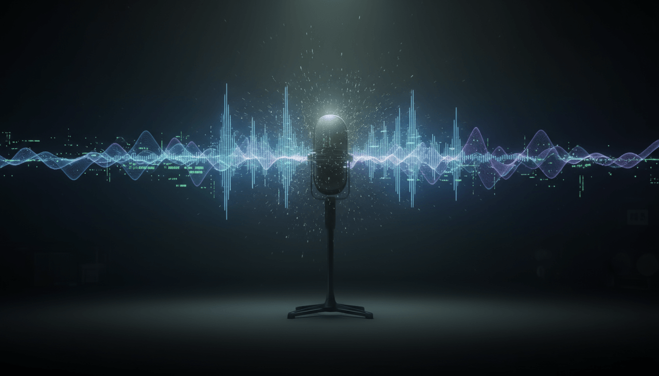 Empty microphone glowing with digital waveforms in the air