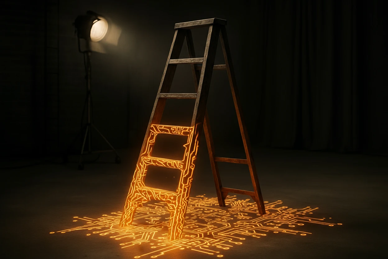 Ladder missing lower rungs with AI glow on film stage