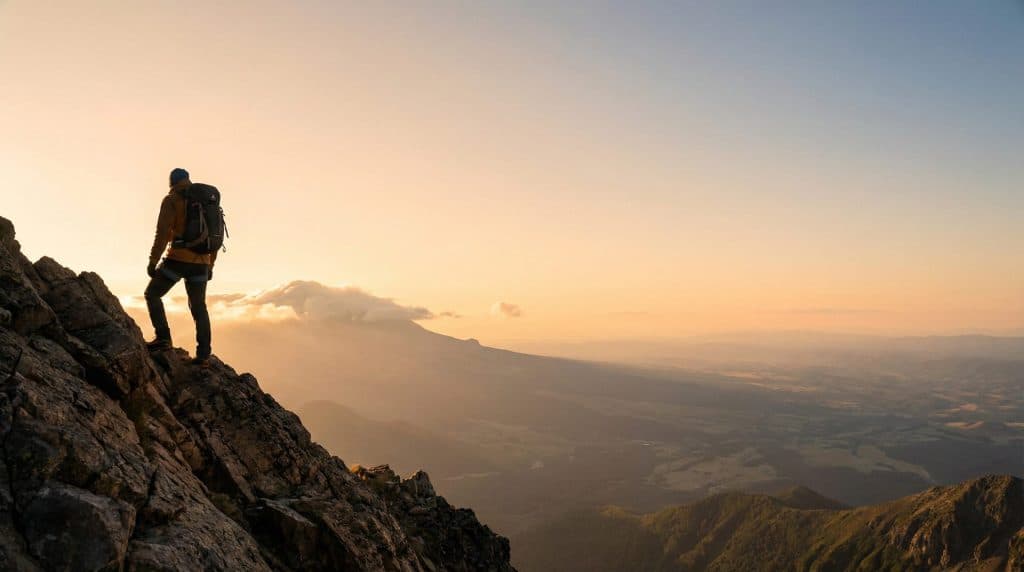 A photorealistic wide shot of a lone climber ascending a steep, rocky mountain slope at golden hour. The climber is silhouetted against a warm, sunlit backdrop, symbolizing determination and progress. The background features a vast, hazy mountain range under a clear, gradient sky that provides ample negative space for text overlays.