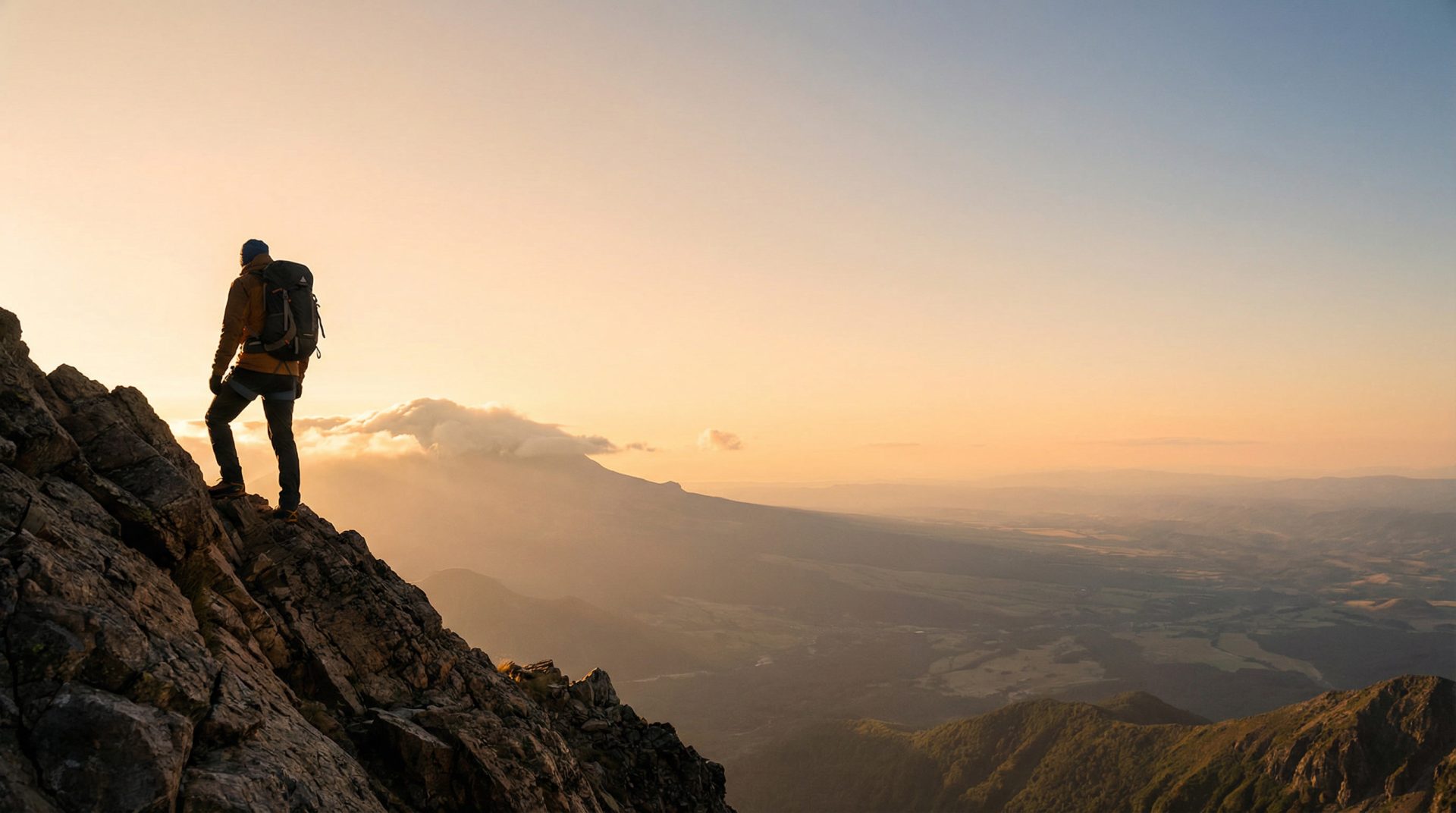 A photorealistic wide shot of a lone climber ascending a steep, rocky mountain slope at golden hour. The climber is silhouetted against a warm, sunlit backdrop, symbolizing determination and progress. The background features a vast, hazy mountain range under a clear, gradient sky that provides ample negative space for text overlays.