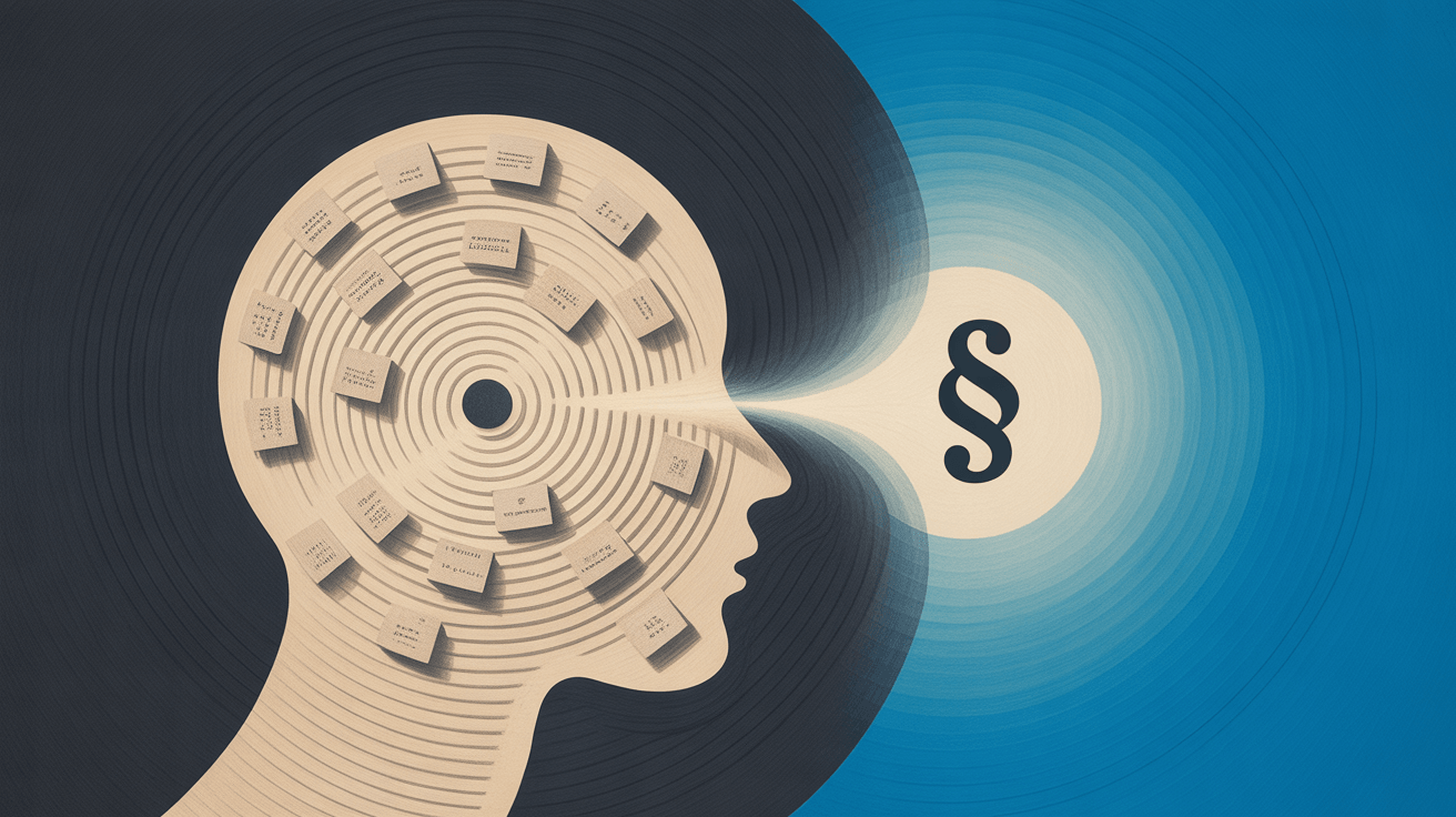 Ripples and token tiles inside a face silhouette; an attention path forms a paragraph.