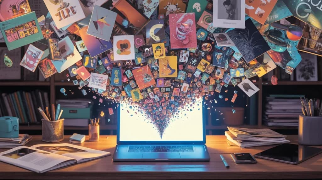 Digital artworks spilling from a glowing laptop in a surreal flood.