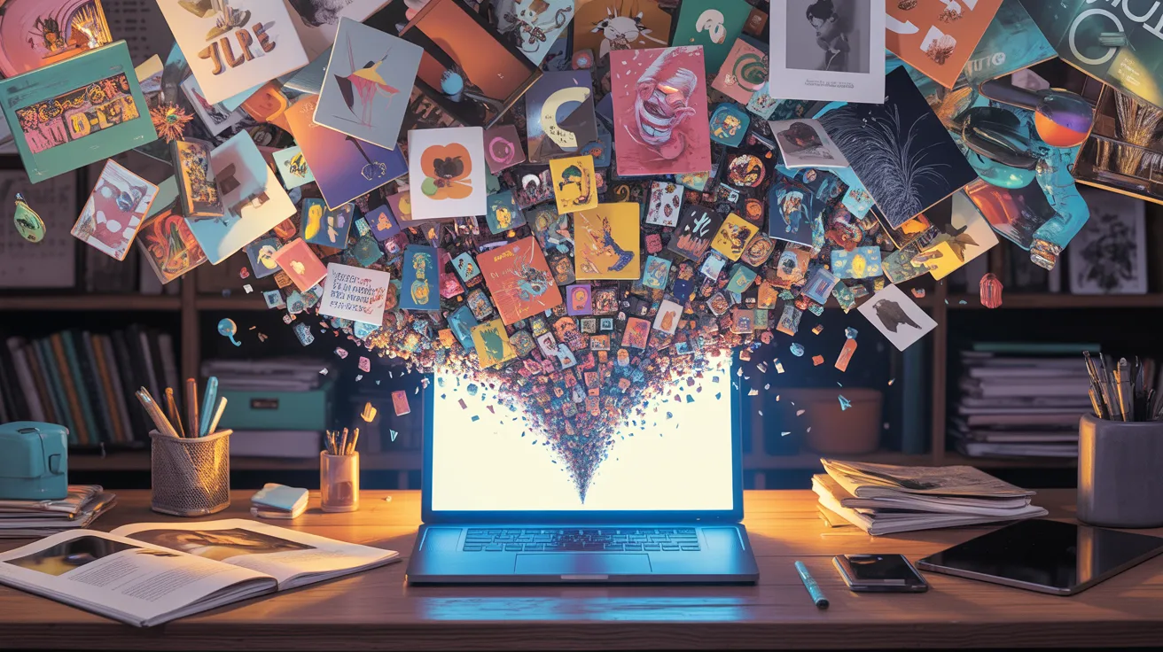 Digital artworks spilling from a glowing laptop in a surreal flood.