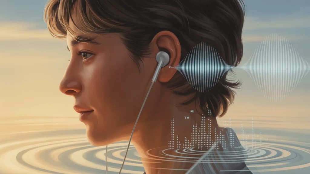 Person walking with earbuds and digital soundwaves symbolizing conversation with AI.