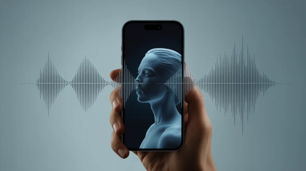 Conceptual illustration of a glowing phone emitting sound waves forming a human face.