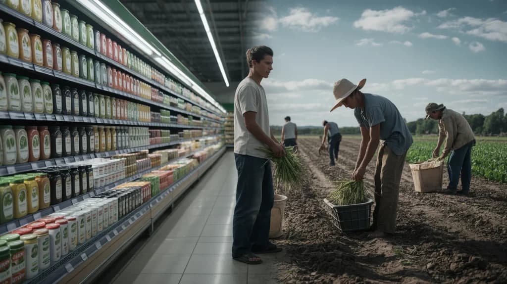Juxtaposition of marketed vegan products and exploited field workers under harsh light.