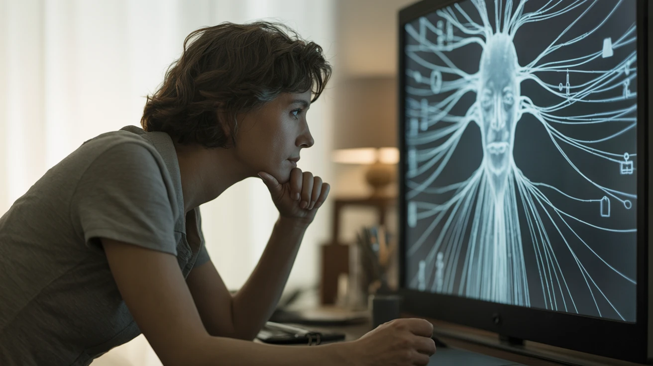 Human silhouette facing glowing network of thought threads linking to computer screen.