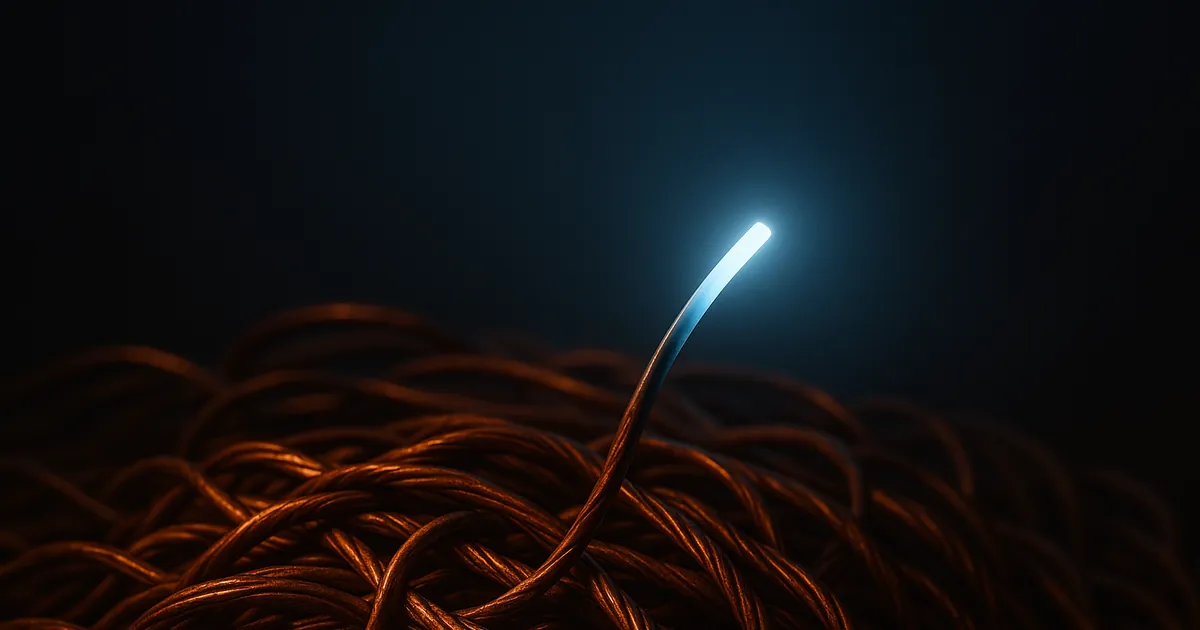 A single glowing fiber of light emerging from a tangled mass of copper wires, symbolizing the transition from electrical to photonic data transmission.