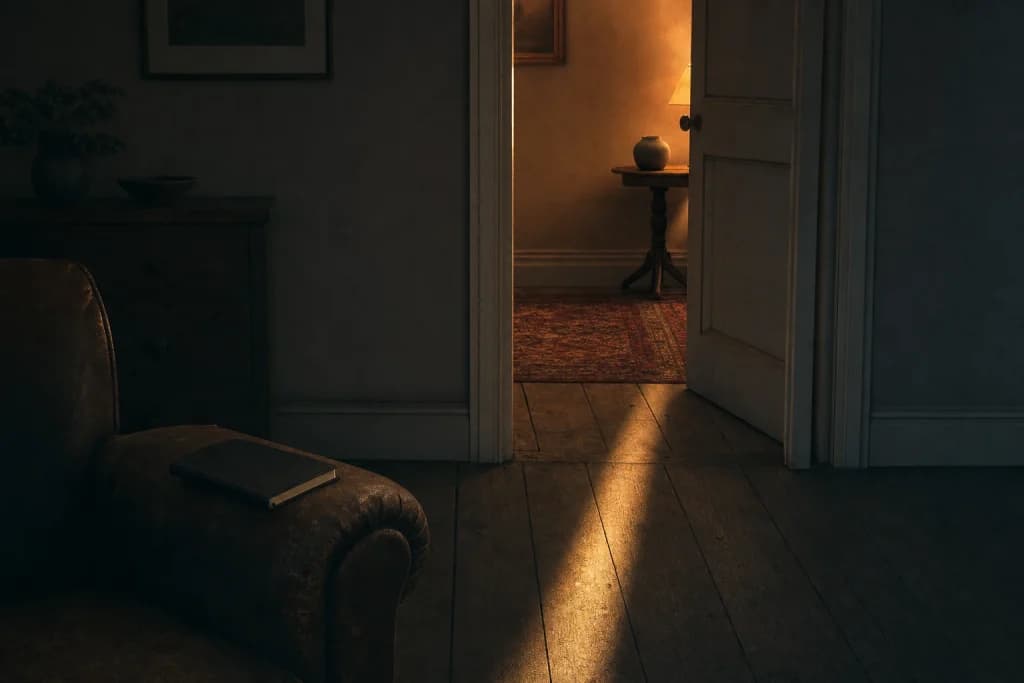 A dark room at evening, a closed notebook face down on a worn chair arm, and a band of lamplight falling through an open doorway across bare floorboards