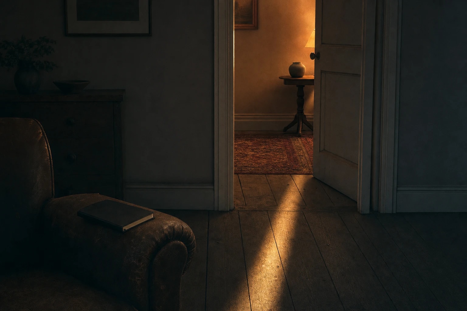 A dark room at evening, a closed notebook face down on a worn chair arm, and a band of lamplight falling through an open doorway across bare floorboards